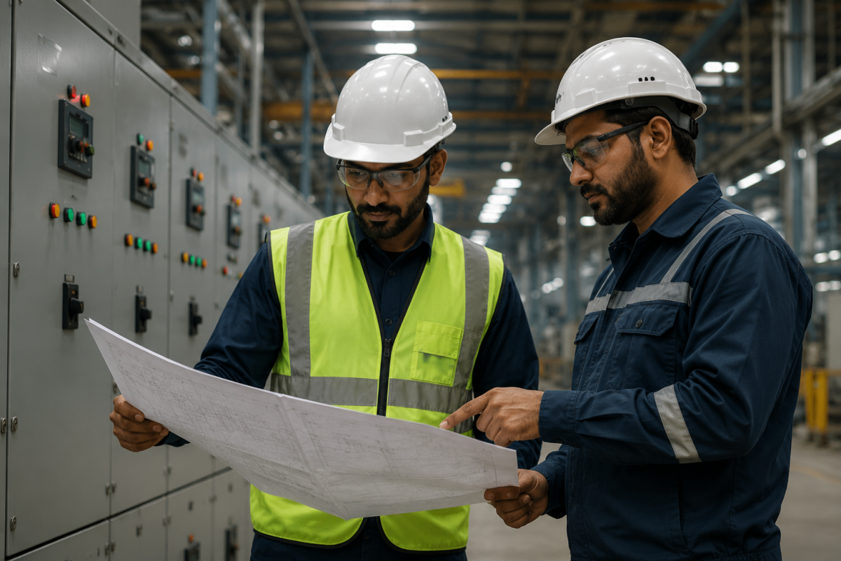 Electrical Engineers reviewing industrial panel blueprints at C.D. Power
