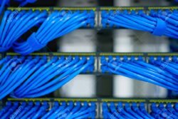 LAN cable wiring and networking in the network or server rack in the data center.